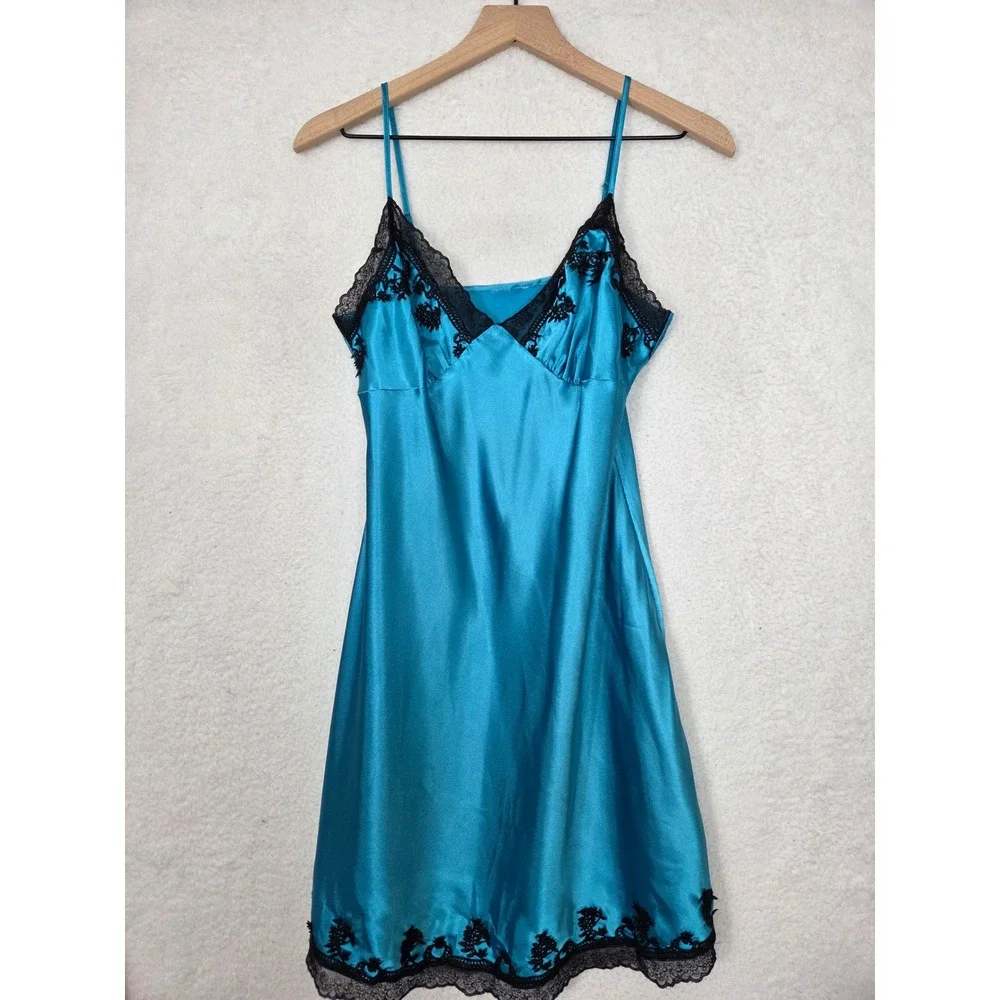 Vtg 90s Womens Babydoll Satin Lace Trim Slip Dress Nightie L Equestrian Coquette